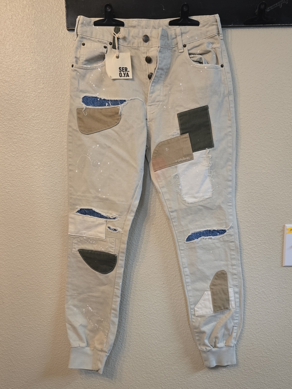 SER.O.YA Men's Beige Patchwork Joggers with Blue & Olive Accents